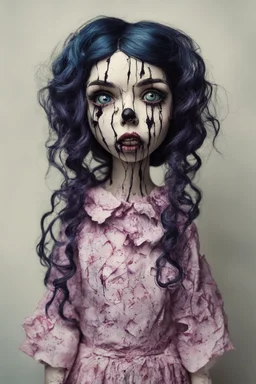 full color, illustration of a dark, menacing, Singer Melanie Martinez face, as a decayed, broken, crude homemade cloth doll toy, with a narrow cracked porcelain face, thick dark eyebrows, hair in two gradually made from ragged strips of cloth, in the style of Alex Pardee, Tim Burton, and Nadya Sheremet