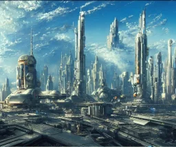 Space Center on a heavy industrialized planet with a futuristic city in the background, retrofuturistic!!!!!!!!!!, art by John Berkey, buildings with glass facades, brutalist architecture, insanely detailed, vibrant, 8k uhd, cinematic atmosphere, ultra-wide angle, street level view, brush strokes, blue sky with clouds, sharp focus