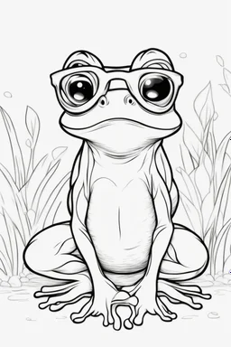 Outline art for cute coloring pages with frog with glasses, full body, white background, sketch style, only use outline, clean line art, no shadows and clear and well outlined.