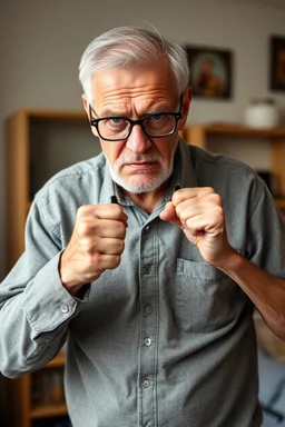 Portrait of poor angry caucasian senior man wearing eyeglasses and showing big fist standing at home indoor, Older Adults and Their Anger Issues