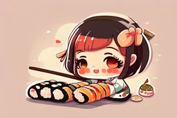 contented cute chibi girl making sushi