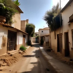 A dirty street with Barbary figs spread on both sides, and some old mud houses and some olive and palm trees