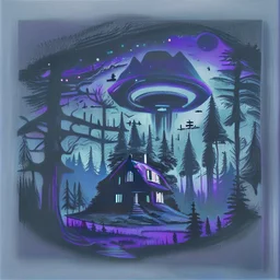 a dark forest with a house in the distance and a ufo in the sky cezanne style black and purple