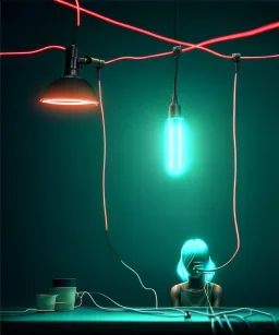 Ultra realistic photographic night portrait, cinematic, <Asian woman> <hanging wires> <retro monitor> many wires coming out of the head <perfect pupil> <cyborg arm> <garage> <wide angle Shot> <sci-fi futuristic> <thriller>, neon lights, color fog, soft color, highly detailed, unreal engine 5, ray tracing, RTX, lumen lighting, ultra detail, volumetric lighting, high definition.