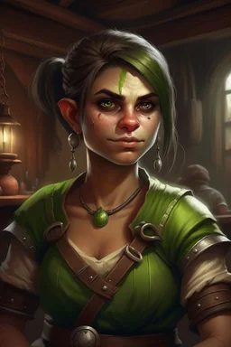 Dungeons and dragons orc young woman. She has green skin. She is kind. She is handsome. She has nice eyes. She has short hair. She is strong. She is in a tavern. She has broad shoulders. She has a large jaw. She wears casual peasant clothes. Realistic style