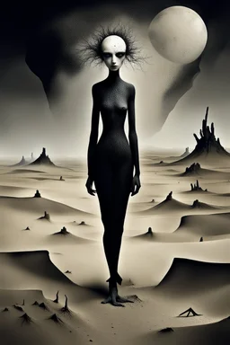 paIinta deep, dark nightmare, inner world and dynamics of the uncontrolled mind ans soul, chaotic, lonely little island sits in the cold deep Sahara, a surreal cracked, painted weird land. The Whimsical style of Chagall meets the dark visions of Minjae Lee and the thick, impasto textures of Anton Semenov lonely, sad lives and absurd beauty. The broken, weird inhabitants of this bizarre landscape, rendered in deep colors, dark dunes, shattered life. . The thick layers of impasto paint, surreal