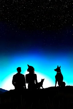 black background on a mountaintop and three silhouettes of a fit man, a silhouette of a fit woman, and silhouette of a Belgian malinois sitting next to the men and the woman looking at the stars