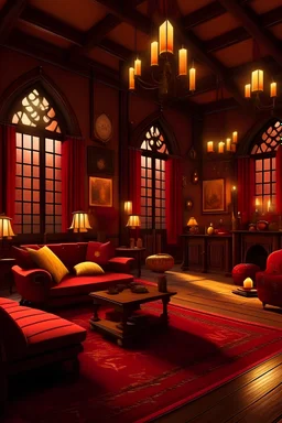 create the gryffindor common room from the harry potter movie series. make it ethereal, cozy and mysterious. it's night time.