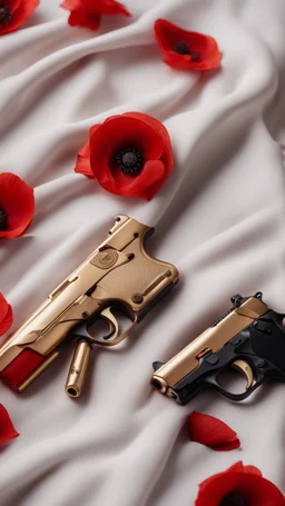 Two gold pistols and a red notebook on a white scarf. A bed of red poppies. Close-up from above.cinematic