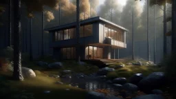 a house in the middle of a forest, a digital rendering by Afewerk Tekle, behance contest winner, photorealism, vray, vray tracing, photorealisticg