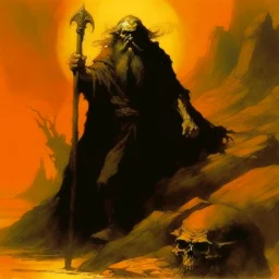 the Ferryman is guiding you the way tonight, moribund blasphemous heretics, (by Ted McKeever:1.4) and by Frank Frazetta and Gustav Dore, brooding horror art, warm colors, unsettling,