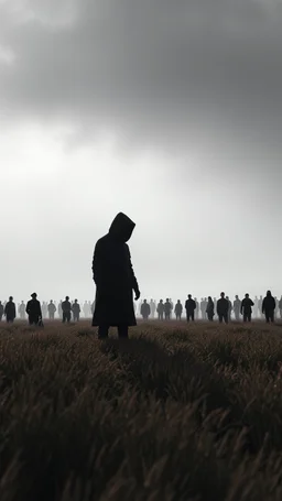 A field of random people at the end of the picture gray background an giant dark shadow of hooded human figure standing in a cinematic, 8k