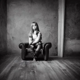 photography national geographic style girl sits on leather armchair.