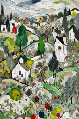 A white gusty village with windmills and gardens painted by Jackson Pollock