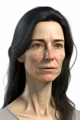 realistic, (39yr old female)without makeup, Caucasian beautiful face, angled head position, dark hair, studio lighting, cinematic light, beautiful woman, milk beige middle hair, perfect anatomy, on white background, 8k Resolution, highly detailed, non-symmetrical body a, detailed hairstyles and skin texture