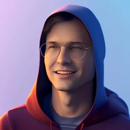 portrait of a guy, wearing a hoodie, glasses, 30 years, good and kind, smile, 4k resolution, soft smooth lighting, light face, elegant, atmospheric, realistic, cinematic lighting, soft light atmosphere, unreal engine 5