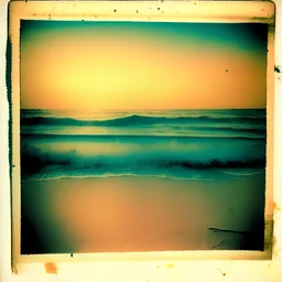 Photographic, Sea, soft turquoise waves, polaroid with damaged border, 1968, sunset, scotch tape on the border, scribblings, Coffee stain