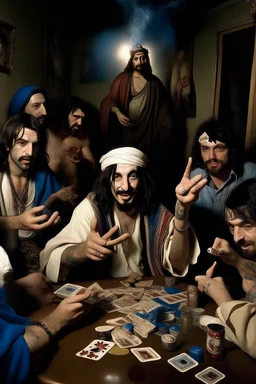 Jesus, Elvis, Jordan and some friends smoking and playing cards, davinci. Surreal. Agony face, smile, pain scream. Fish eye lense camera. Perfect composition.