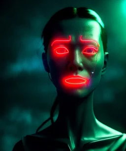 Ultra realistic photographic night portrait, cinematic, <Asian woman> many wires coming out of the head <perfect pupil><glow eye> <cyborg arm> <garage> <wide angle> <retro futuristic> <thriller>, neon lights, color fog, soft color, highly detailed, unreal engine 5, ray tracing, RTX, lumen lighting, ultra detail, volumetric lighting, high definition.