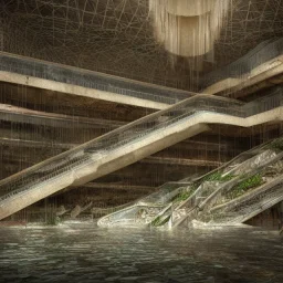 abandoned shopping mall, flooded, escalator, crumbling, ovetaken by nature, 8k resolution, 3D octane render, intricate, sharp, crisp, digital art, detailed matte, volumetric lighting George Grie, Anne Dittman, Anne Stokes, Lisa Parker, Selina French, greg rutowski