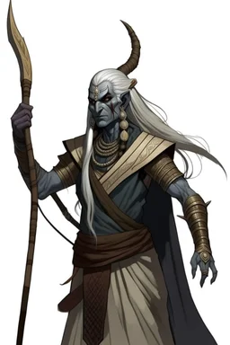 Ahs genasi from dnd with ashesen skin and asian flowing hair on head holding a spear in Monk attire with ash giant