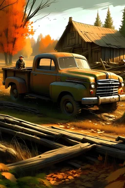 Farm, old Russia, old man, autumn, old rusty pickup truck in the foreground, farm in the background, trees falling around, autumn, deep colors, oil paints, ink, shadows, highly detailed, high resolution, sharp lines, focus on Pickup truck, 3D, 64K--v 5.1