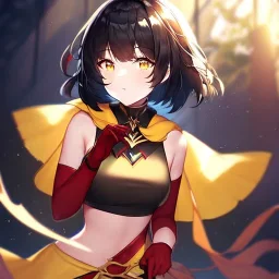 Clear focus,High resolution, Black short fluffy hair, and yellow eyes, wearing a black short skirt, sleeveless crop top, wearing long dark red gloves, yellow cloak