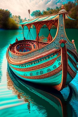 A magnificent handcrafted traditional Indian boat gently floats atop the shimmering turquoise waters of a majestic river its slender body adorned with intricate patterns and vibrant hues showcasing the rich cultural heritage and artistic prowess of the land