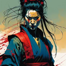 create an imaginative print illustration of an ethereal, otherworldly gaunt and withered ancient female ronin samurai vampire , in the comic book art style of Bill Sienkiewicz, Mike Mignola, and Jean Giraud Moebius, with highly detailed feminine facial features, styled after Sekiro