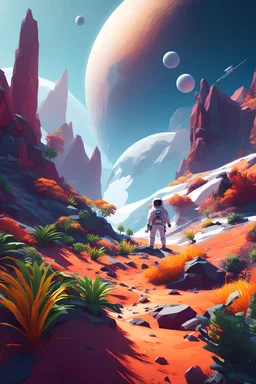 (((close midshot))), (((low poly art:2))), (astronaut), ultra detailed illustration of an environment on a dangerous:1.2 exotic planet with plants and wild (animals:1.5), (vast open world), astroneer inspired, highest quality, no lines, no outlines candid photography. by Lekrot