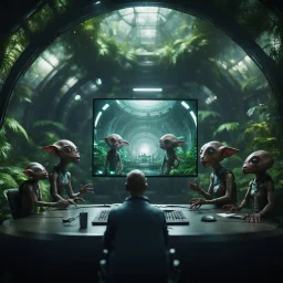 a video conference on video screen with multiple alien gremlins held by a scientist in dark lit reflective wet jungle metallic hall dome hotel tunnel, in the style of a fallout 4,bokeh like f/0.8, tilt-shift lens 8k, high detail, smooth render, down-light, unreal engine, prize winning