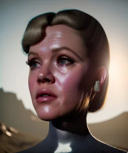 Ultra Realistic retro sci-fi movie, people, classic ovni, 1960 year, waist up view portrait, sweet teenager Jane Fonda, glow rays eyes without pupil, face makeup, tight latex coat, retro glass helmet, Retro sci-fi style, soft color, highly detailed, unreal engine 5, ray tracing, RTX, lumen lighting, ultra detail, volumetric lighting, 3d, finely drawn, high definition, high resolution.