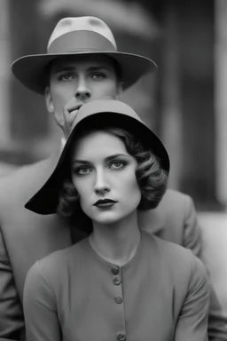 Up close Black and white photo of a serious couple sitting for portrait shoot in the 1920s