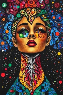 painting of a woman's face with abstract fractal mondrian's characteristic triple windows and nature jungle pattern, long neck sinting kusama starry vibrant, hand-drawn, optical illusion. Hair with root mechanical Stained glass Intricate design of intersecting lines forming a repeating diamond grid lot of graffiti on it, inspired by Sandra Chevrier, abstract portrait, expressive beautiful painting, abstract fantastic face, inspired by Nick Gentry, woman portrait made out of paint, stunning,