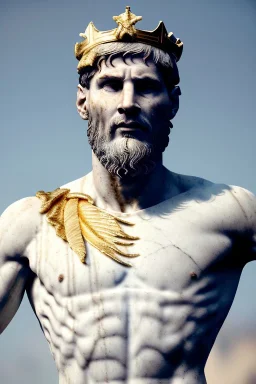 Realistic image, Roman sculpture made in white marble with gold veins, Lionel messi with gold laurel leaves crown, two blue brushes, decorative star on the chest, waist up portrait, marble material, gold ornaments, Baroque style, sun rays background, epic, celestial, cinematic lighting, God lights, 4k resolution, smooth details, soft lighting, unreal engine 5, art station, substance 3d.