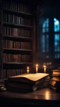 Si-Fi, The permanent under atmospheric lighting effects, a whole tables and shelves filled with old dusty books under a candle . Light , intricate historical moody atmosphere, eerie grimdark ambiance, complex motherboard accents, speculative fiction art. Bokeh