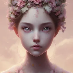  full Closeup face portrait of a girl wearing crown of flowers, smooth soft skin, big dreamy eyes, beautiful intricate colored hair, symmetrical, anime wide eyes, soft lighting, detailed face, by makoto shinkai, stanley artgerm lau, wlop, rossdraws, concept art, digital painting, looking into camera
