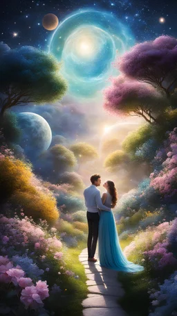 a couple in a celestial garden, surrounded by ethereal flowers and celestial bodies. Emphasize the cosmic connection between the two souls in this otherworldly setting