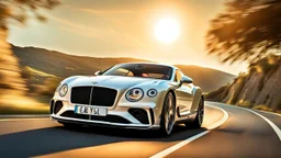 A sleek white shiny (((Bentley Porsche))), its contours and details perfectly captured in a (((cinematic view))), zipping along a winding road under a beautiful blue black night sky