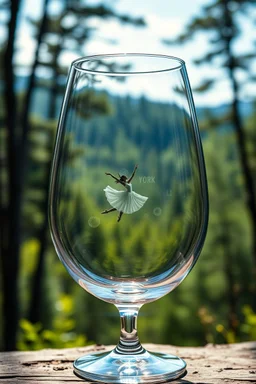 Create hyper-realistic photo of a wine glass in a wild forest. Inside, a miniature [New York] with landmarks. A trasparrent 3D text of [New York] a ballerina dancing on a open stage blends naturally into the landscape . Soft bright daylight, reflections, and subtle imperfections like fingerprints. DSLR quality, sharp focus.