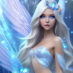  beautiful, soft, smiling, long and straight blonde hair, bluish background, fairy wings on the back