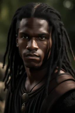 portrait of a handsome 20 year old highlander with long hair, black skin, earthbound but directed towards the future