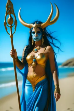 A picture of a blue faced Indian goddess with skin painted blue, blue body, wild black hair, stag horn antlers, elven ears, golden skirt, holding a staff on a sunny beach