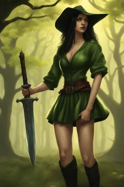 A young dark-haired witch in a green low-cut short skirt, standing under a tree, with a sword in one hand, photorealistic, delicate detail.