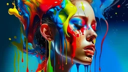 Prompt: "3D digital painting, surreal paint pour hair, Paint dripping on her face by salvador dali, 8k, beautiful, liquid mercury, ralph steadman, pino daeni, very cute, abstract, steampunk, sensual, whimsical, colorful, opp art for a fashion magazine, 4k, background twisted paint in a stunning way, hypnotic feeling, trending on artstation, sleek porcelain head, pristine skin, line sleek, make up, style igor morski" extremely detailed 8k 4k hyperrealistic 4K 3D crisp quality