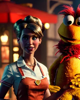 waitress woman with Sesame Street muppet mask-head, concept art, retro style, smooth, unreal engine 5, god lights, ray tracing, RTX, lumen lighting, ultra detail, volumetric lighting, 3d.