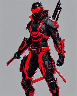 dibujo de contorno de un Ninja negro y rojo con traje cyberpunk full body