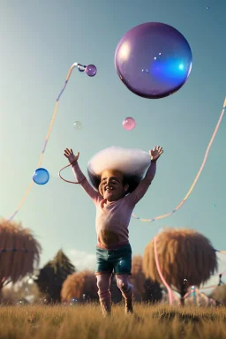 Ultra realistic circus scene. Sweet big hair monster flying. Child’s playing. one strong man, smile. happy, color bubbles, smooth color, waist up view, Wes Anderson style, dark ambient, highly detailed, concept art, unreal engine 5, god rays, ray tracing, RTX, lumen lighting, ultra detail, volumetric lighting, 3d, finely drawn, high definition, high resolution.