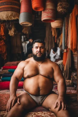 close up photography of a burly chubby muscular strong 23-year-old marocan man in Istanbul bazaar, shirtless, short beard, selling carpets sitting on a pile of carpets, big shoulders, manly chest, very hairy, side light, view from the ground