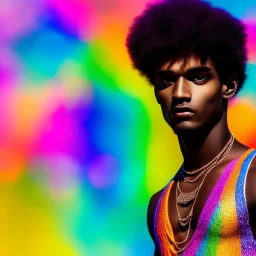 full body shot, masterpiece, best quality, one boy, dark skinned, sparkling eyes, fluorescent skin, colorful makeup, afro, highly detailed body, sun light, 4K, RAW, depth of field, high contrast, realistic details, 24mm